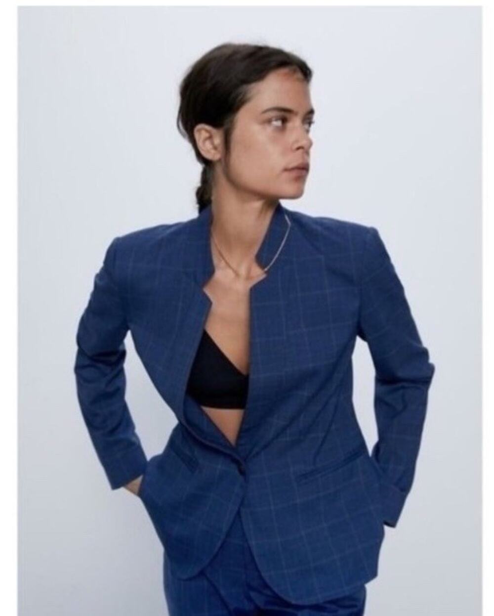 Zara Navy Blue Plaid Blazer Size 6 Excellent Condition RG